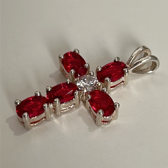 Sterling Silver Red Stone Cross - Picture 5 of 9